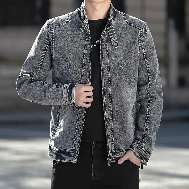 Herren Slim-Fit gewaschene Denim-Jacke mit Stehkragen und Reißverschluss Drune
