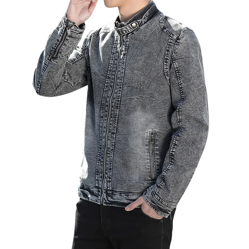 Herren Slim-Fit gewaschene Denim-Jacke mit Stehkragen und Reißverschluss Drune