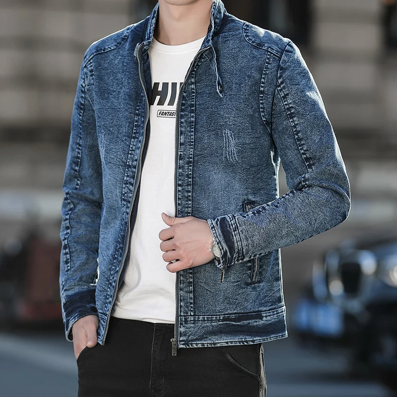 Herren Slim-Fit gewaschene Denim-Jacke mit Stehkragen und Reißverschluss Drune