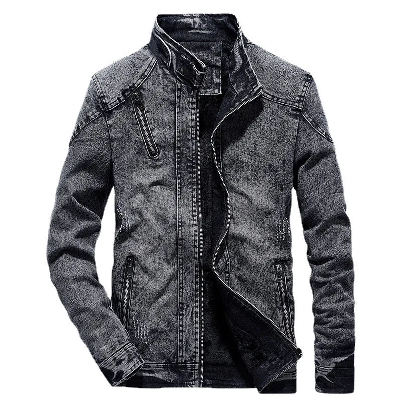 Herren Slim-Fit Denim-Workerblouson mit Stehkragen und Zipper-Details Drune