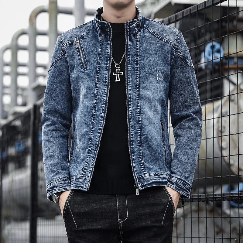 Herren Slim-Fit Denim-Workerblouson mit Stehkragen und Zipper-Details Drune