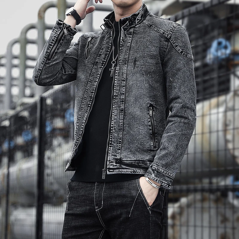 Herren Slim-Fit Denim-Workerblouson mit Stehkragen und Zipper-Details Drune