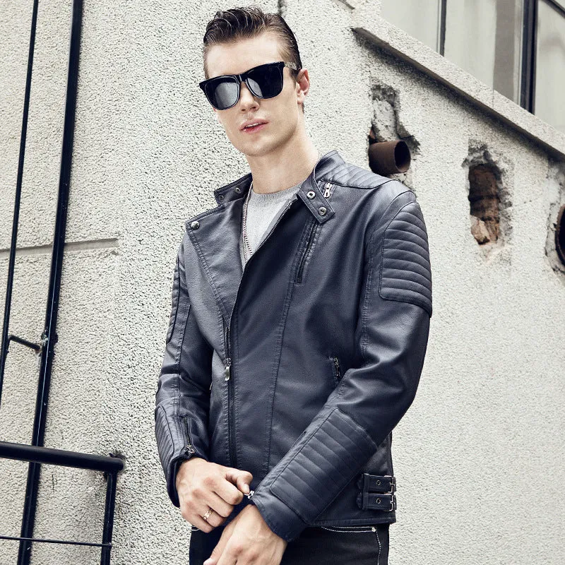 Herren Slim-Fit Bikerblouson aus Kunstleder mit gesteppter Schulter- und Ärmelpasse Drune