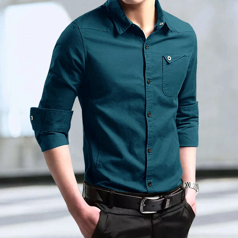 Herren Slim-Fit Baumwollhemd mit Brusttasche und Kontrastknöpfen Drune