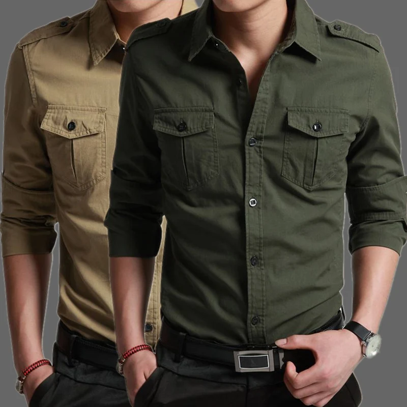 Herren Slim-Fit Baumwoll-Mix Utility-Hemd mit Schulterklappen und Brustpattentaschen Drune