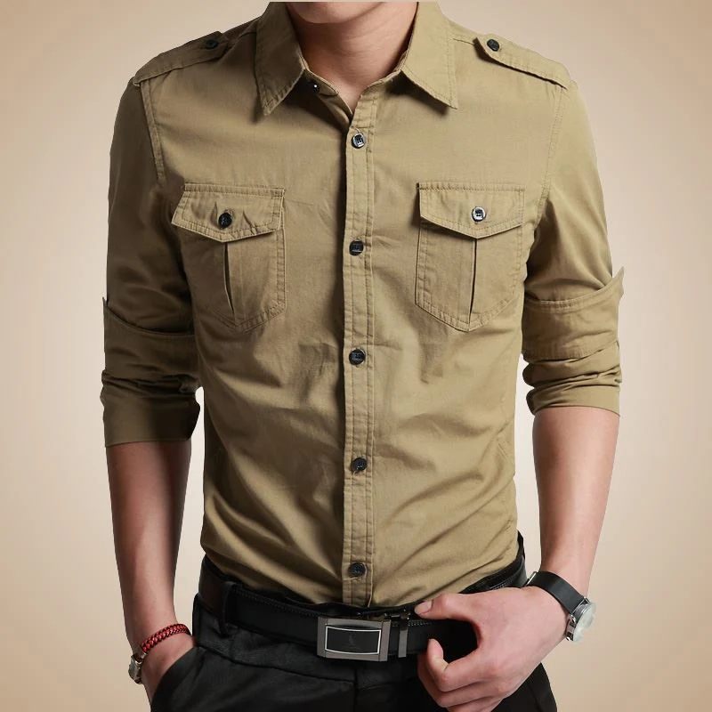 Herren Slim-Fit Baumwoll-Mix Utility-Hemd mit Schulterklappen und Brustpattentaschen Drune