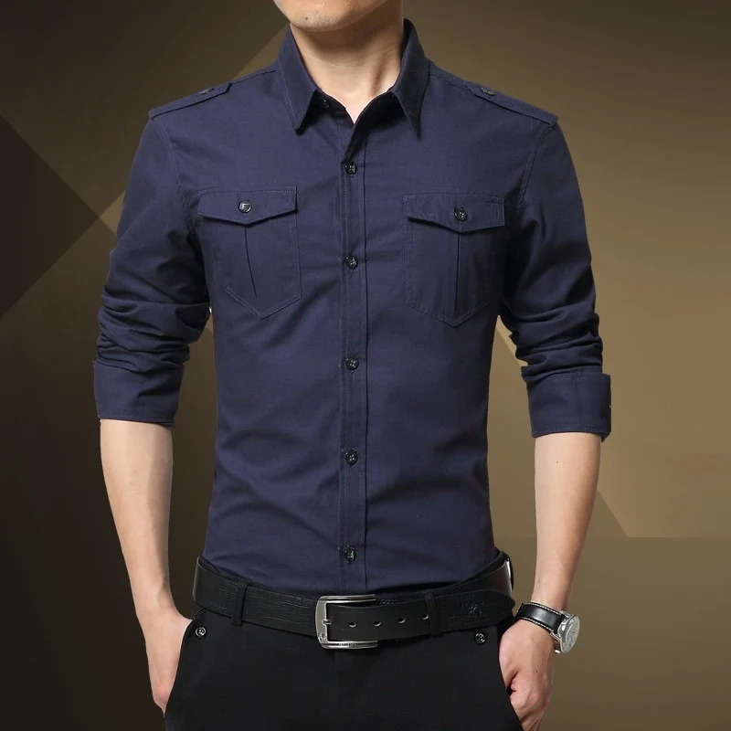 Herren Slim-Fit Baumwoll-Mix Utility-Hemd mit Schulterklappen und Brustpattentaschen Drune