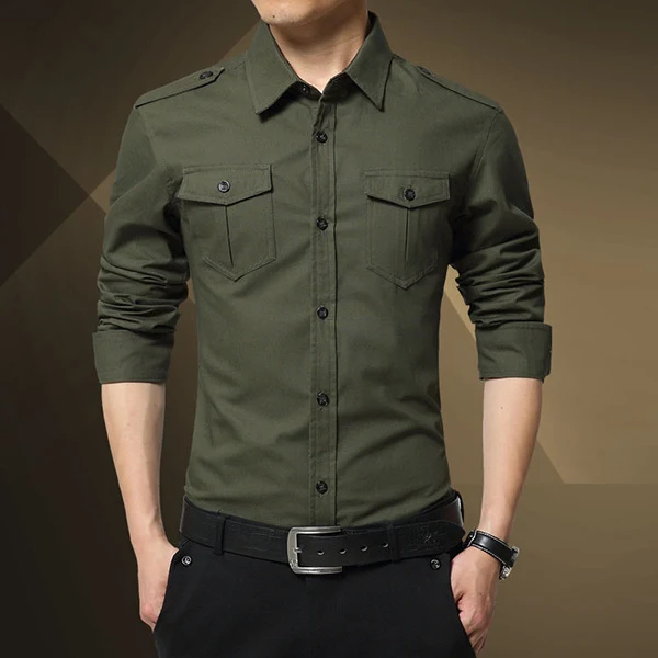 Herren Slim-Fit Baumwoll-Mix Utility-Hemd mit Schulterklappen und Brustpattentaschen Drune