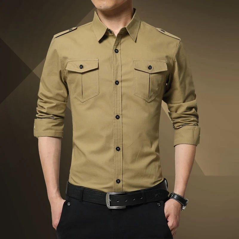 Herren Slim-Fit Baumwoll-Mix Utility-Hemd mit Schulterklappen und Brustpattentaschen Drune