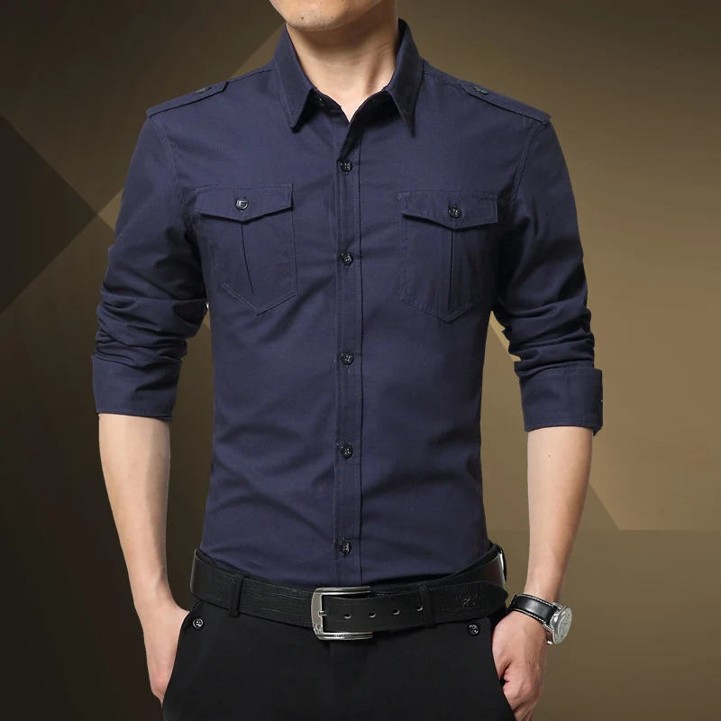 Herren Slim-Fit Baumwoll-Mix Utility-Hemd mit Schulterklappen und Brustpattentaschen Drune