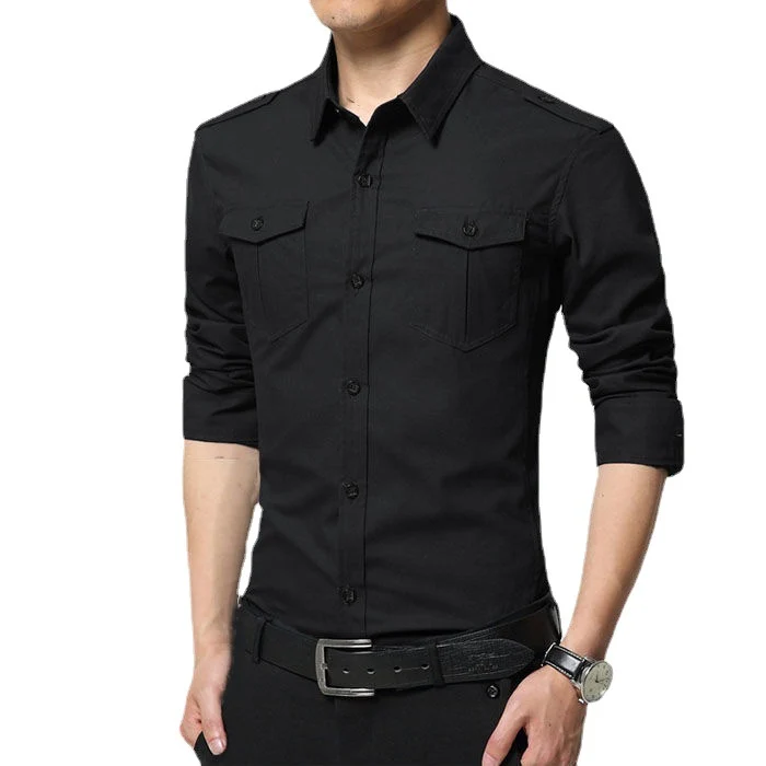Herren Slim-Fit Baumwoll-Mix Utility-Hemd mit Schulterklappen und Brustpattentaschen Drune