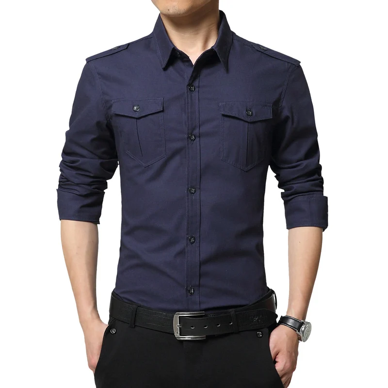 Herren Slim-Fit Baumwoll-Mix Utility-Hemd mit Schulterklappen und Brustpattentaschen Drune