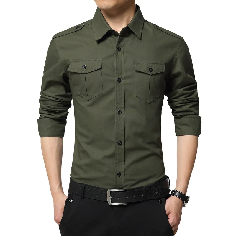 Herren Slim-Fit Baumwoll-Mix Utility-Hemd mit Schulterklappen und Brustpattentaschen Drune