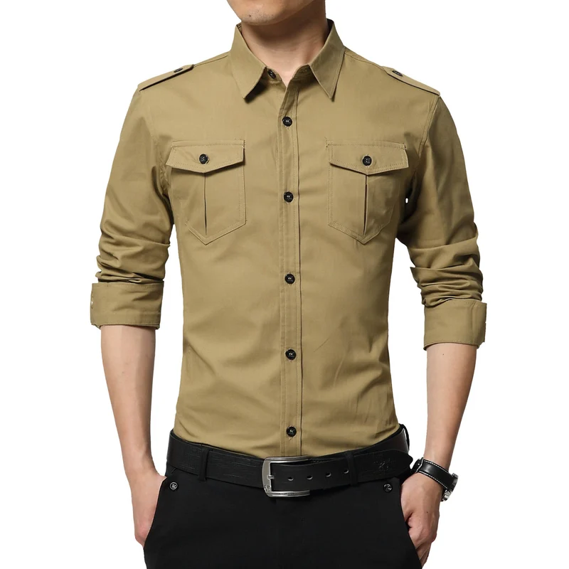 Herren Slim-Fit Baumwoll-Mix Utility-Hemd mit Schulterklappen und Brustpattentaschen Drune