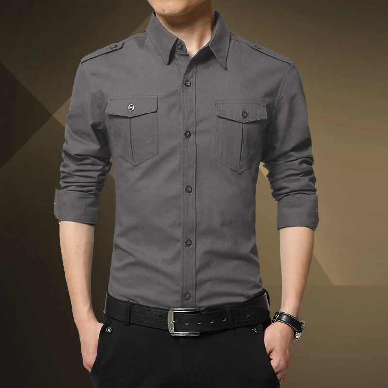 Herren Slim-Fit Baumwoll-Mix Utility-Hemd mit Schulterklappen und Brustpattentaschen Drune
