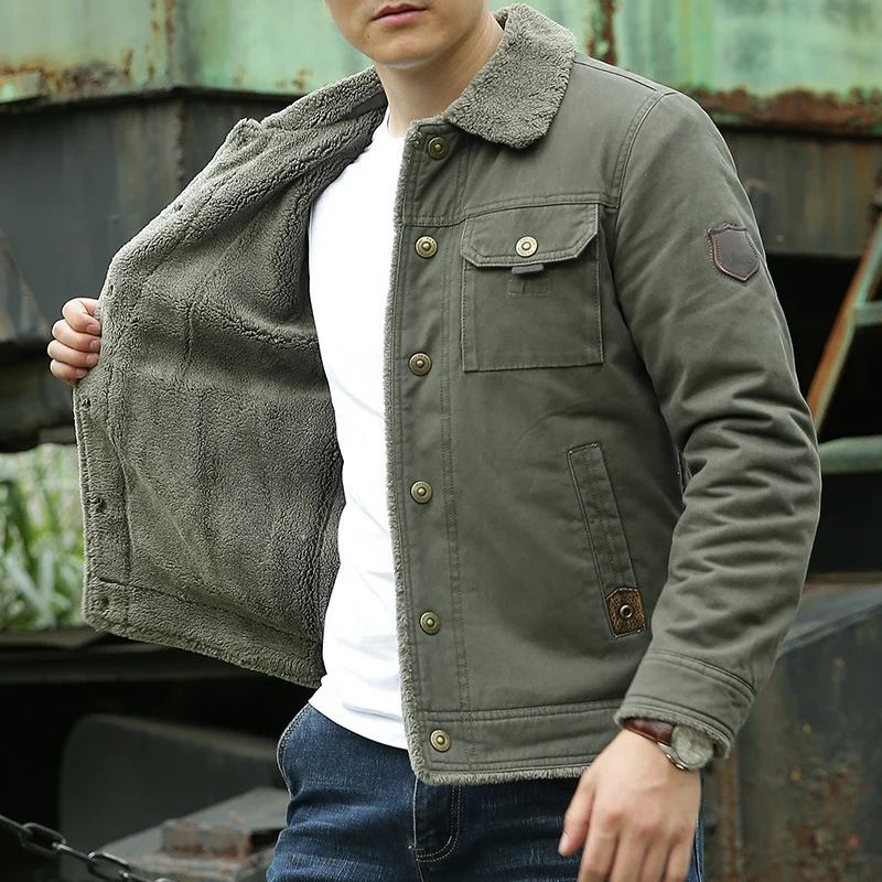 Herren Sherpagefütterte Canvas‑Truckerjacke mit Teddyfutter und Hemdkragen Drune