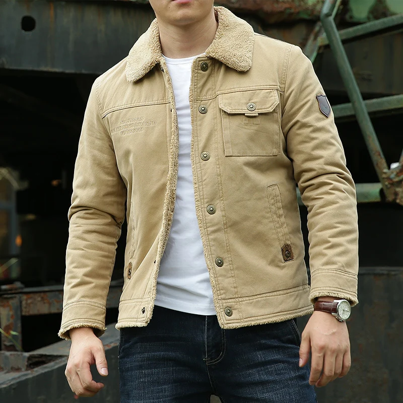 Herren Sherpagefütterte Canvas‑Truckerjacke mit Teddyfutter und Hemdkragen Drune