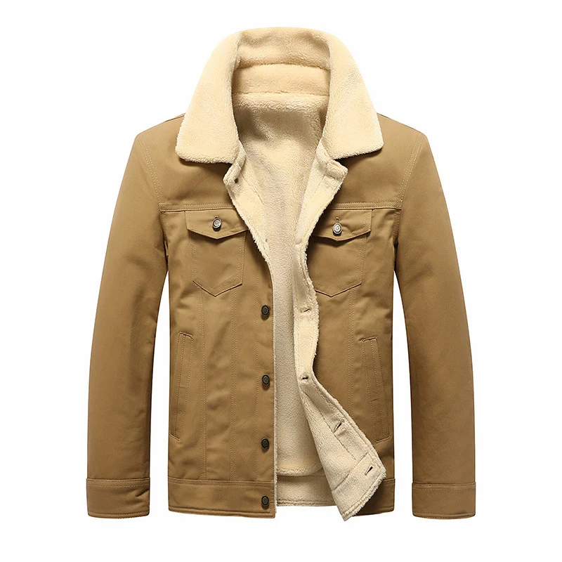 Herren Sherpa-gefüttertes Canvas-Truckerblouson mit Kunstfellkragen und Utility-Taschen Drune