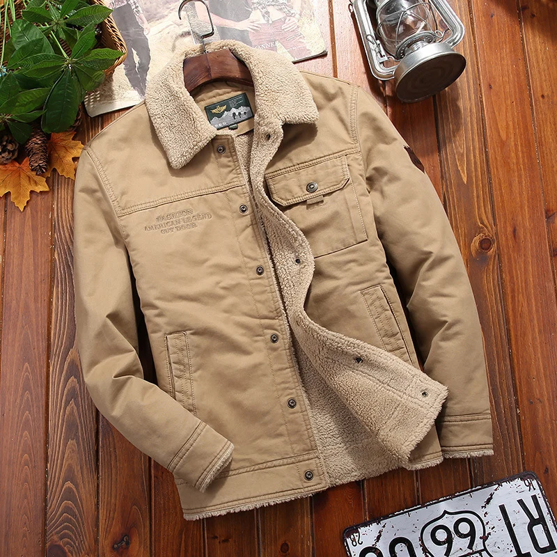 Herren Sherpa-gefütterte Canvas-Truckerjacke mit Hemdkragen und Pattentaschen Drune