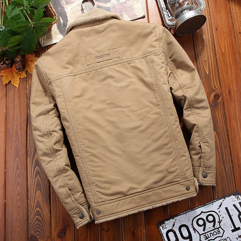 Herren Sherpa-gefütterte Canvas-Truckerjacke mit Hemdkragen und Pattentaschen Drune