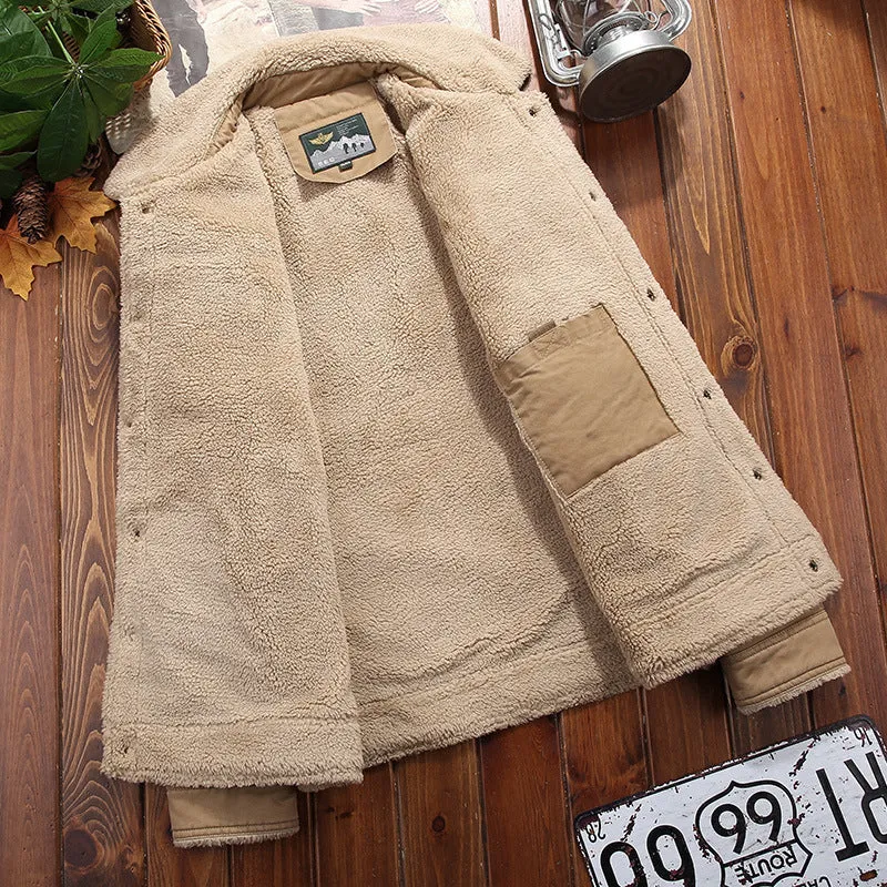 Herren Sherpa-gefütterte Canvas-Truckerjacke mit Hemdkragen und Pattentaschen Drune