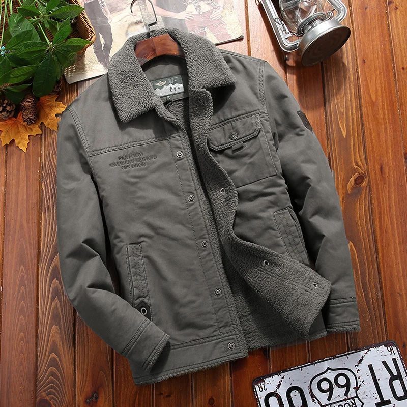 Herren Sherpa-gefütterte Canvas-Truckerjacke mit Hemdkragen und Pattentaschen Drune