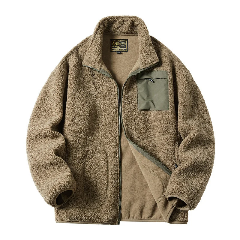 Herren Sherpa‑Fleecejacke im Utility‑Style mit Reißverschluss‑Brusttasche und Stehkragen Drune