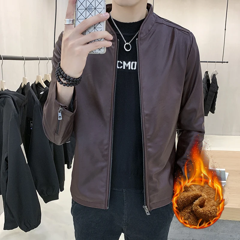Herren schmal geschnittener Kunstleder Flightblouson mit minimalistischem Stehkragen und verdeckter Reißverschlussleiste Drune
