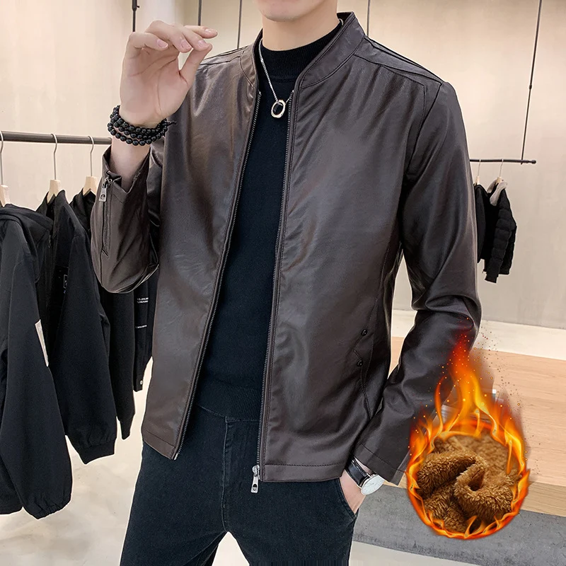Herren schmal geschnittener Kunstleder Flightblouson mit minimalistischem Stehkragen und verdeckter Reißverschlussleiste Drune