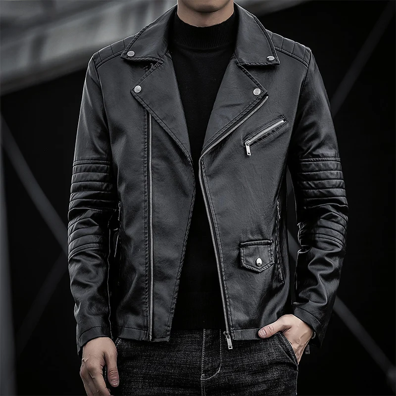 Herren schmal geschnittene Kunstleder-Motojacke mit gesteppter Schulter- und Ärmeldetail Drune