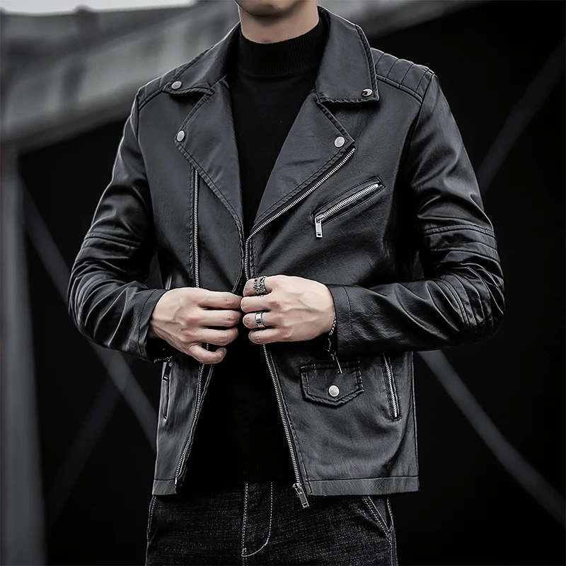 Herren schmal geschnittene Kunstleder-Motojacke mit gesteppter Schulter- und Ärmeldetail Drune
