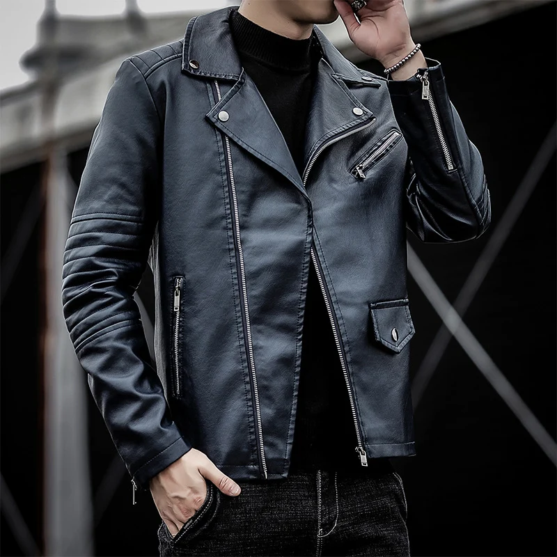 Herren schmal geschnittene Kunstleder-Motojacke mit gesteppter Schulter- und Ärmeldetail Drune