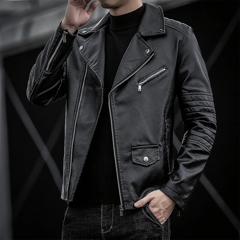 Herren schmal geschnittene Kunstleder-Motojacke mit gesteppter Schulter- und Ärmeldetail Drune