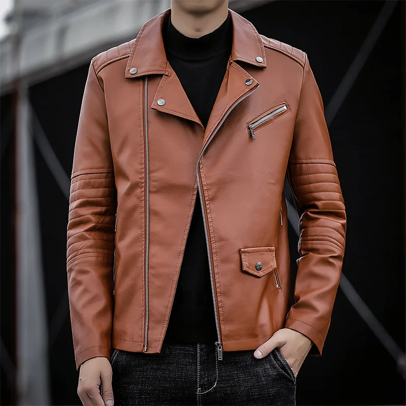 Herren schmal geschnittene Kunstleder-Motojacke mit gesteppter Schulter- und Ärmeldetail Drune