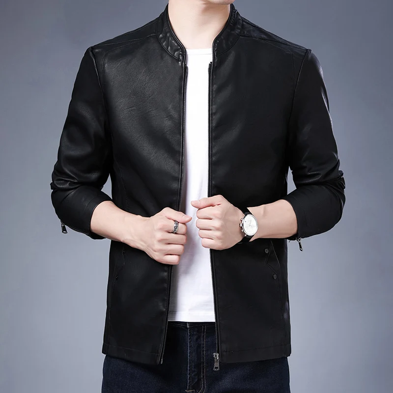 Herren schlanker Lederoptik-Blouson im Aviator-Minimalstil mit Stehkragen und Reißverschlussärmeln Drune