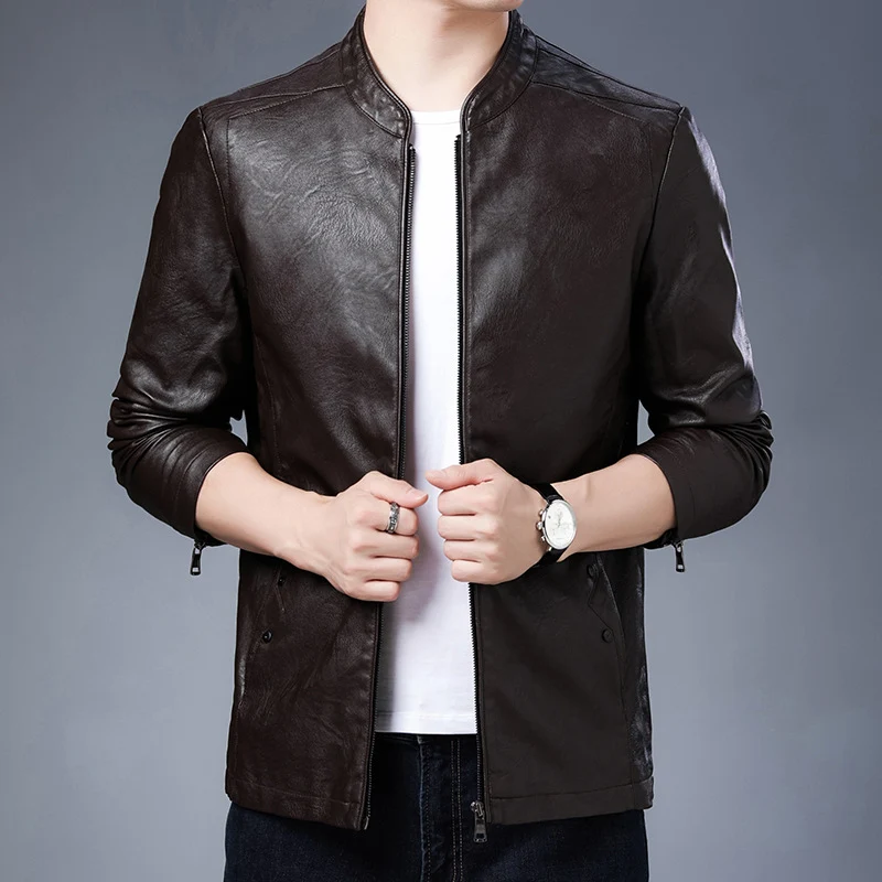 Herren schlanker Lederoptik-Blouson im Aviator-Minimalstil mit Stehkragen und Reißverschlussärmeln Drune