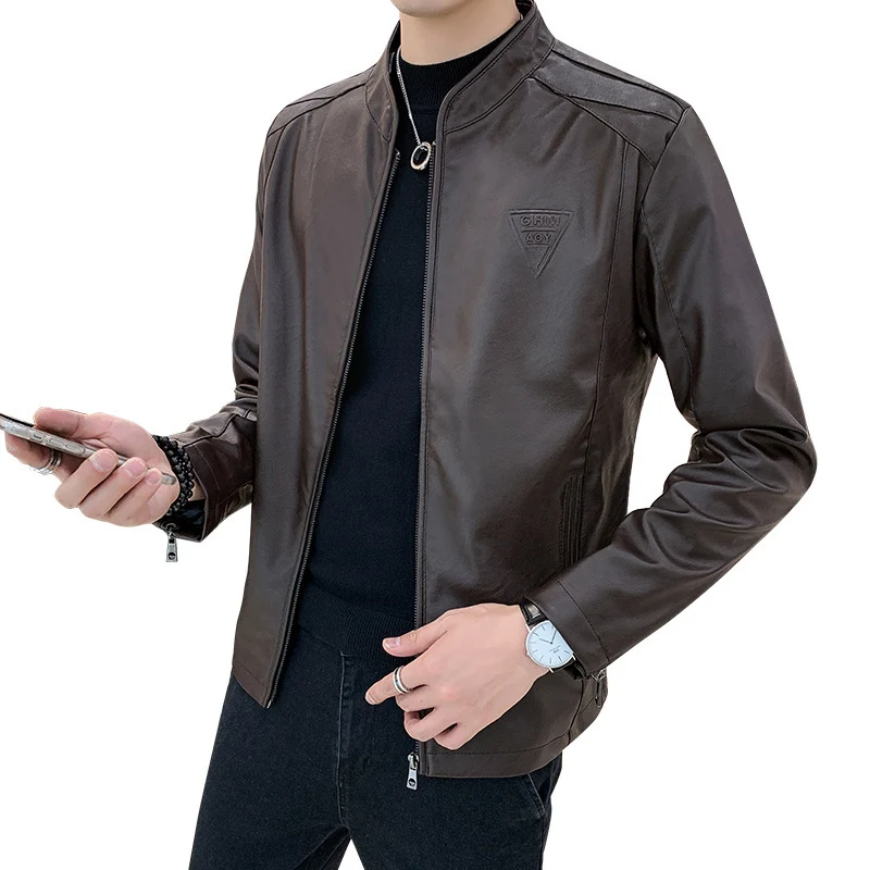 Herren Schlanker Kunstleder‑Moto‑Blouson mit Stehkragen und Reißverschlussärmeln Drune