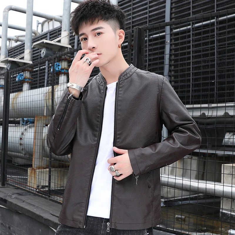 Herren schlanker Kunstleder‑Moto‑Blouson mit Stehkragen und Reißverschluss‑Taschen Drune