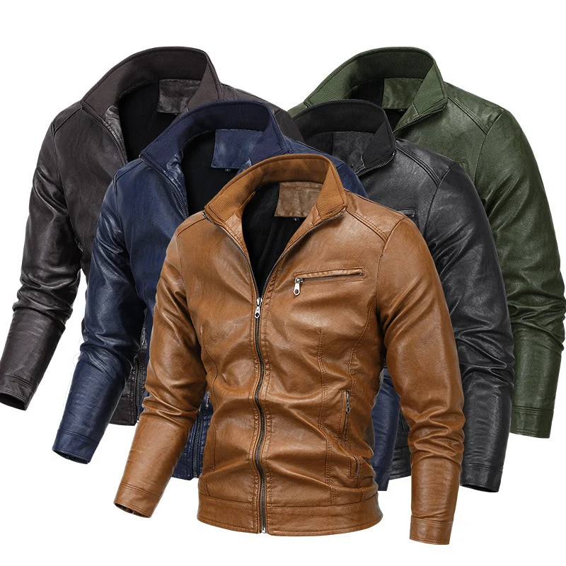 Herren schlanker Kunstleder‑Moto‑Blouson mit Stehkragen und Reißverschluss Drune