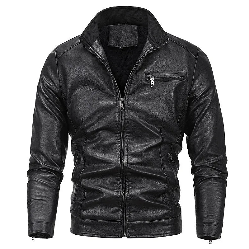 Herren schlanker Kunstleder‑Moto‑Blouson mit Stehkragen und Reißverschluss Drune
