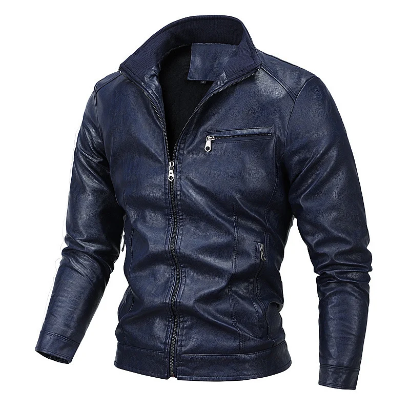 Herren schlanker Kunstleder‑Moto‑Blouson mit Stehkragen und Reißverschluss Drune
