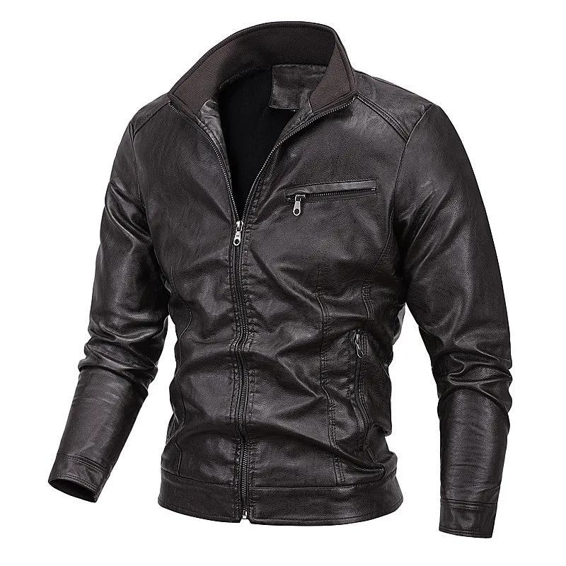 Herren schlanker Kunstleder‑Moto‑Blouson mit Stehkragen und Reißverschluss Drune