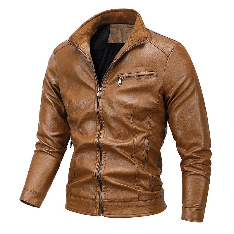 Herren schlanker Kunstleder‑Moto‑Blouson mit Stehkragen und Reißverschluss Drune