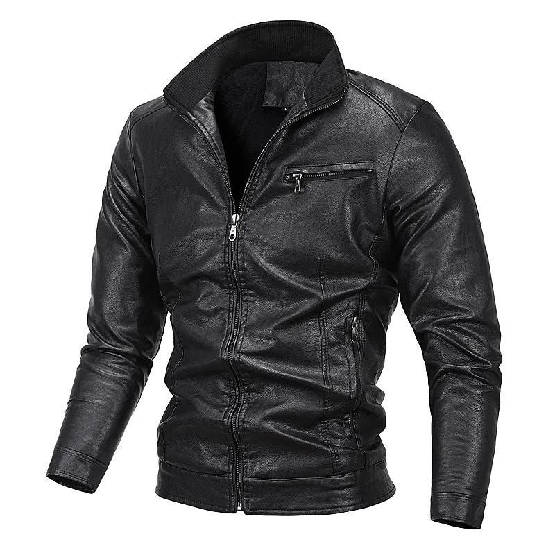 Herren schlanker Kunstleder‑Moto‑Blouson mit Stehkragen und Reißverschluss Drune