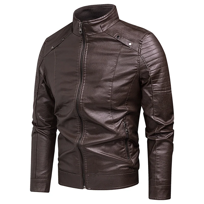 Herren schlanker Kunstleder-Moto-Blouson mit ergonomischen Nähten und Stehkragen Drune