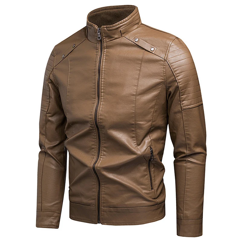 Herren schlanker Kunstleder-Moto-Blouson mit ergonomischen Nähten und Stehkragen Drune