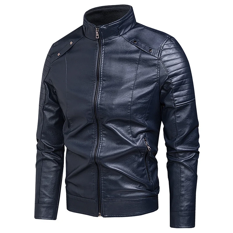 Herren schlanker Kunstleder-Moto-Blouson mit ergonomischen Nähten und Stehkragen Drune