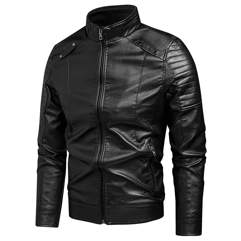 Herren schlanker Kunstleder-Moto-Blouson mit ergonomischen Nähten und Stehkragen Drune