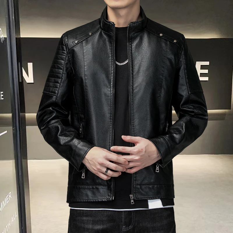 Herren schlanker Kunstleder-Moto-Blouson mit ergonomischen Nähten und Stehkragen Drune