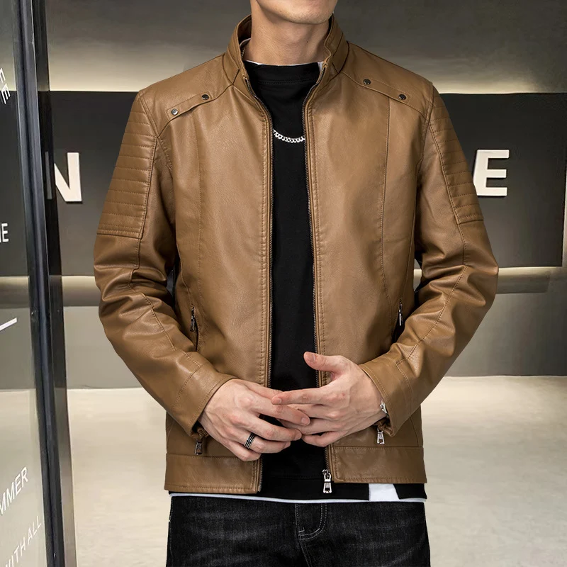 Herren schlanker Kunstleder-Moto-Blouson mit ergonomischen Nähten und Stehkragen Drune